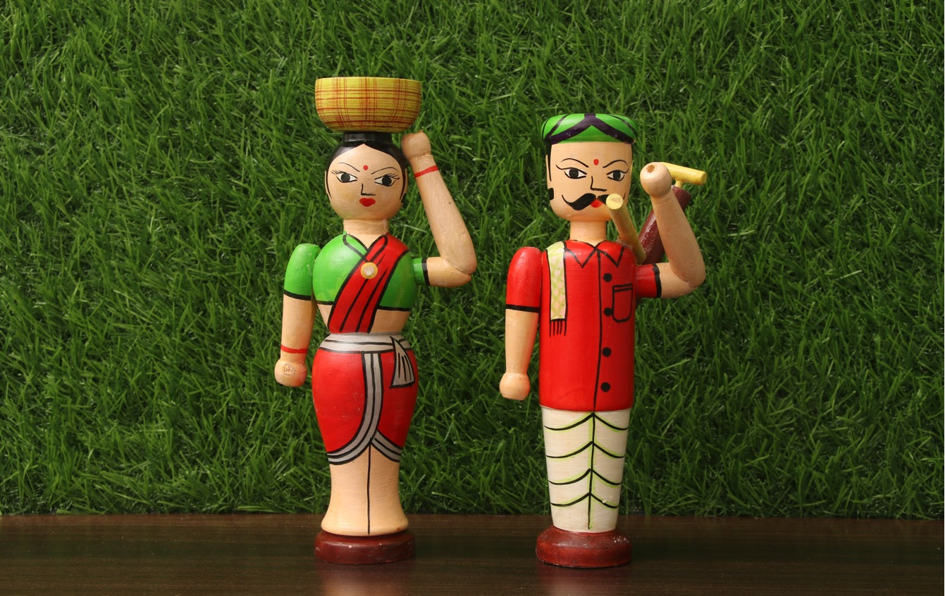 Channapatna wood craft –Locally crafted –Home décor dolls – Farmer Set - Naturally colored - Perfect for Home decor - P000228