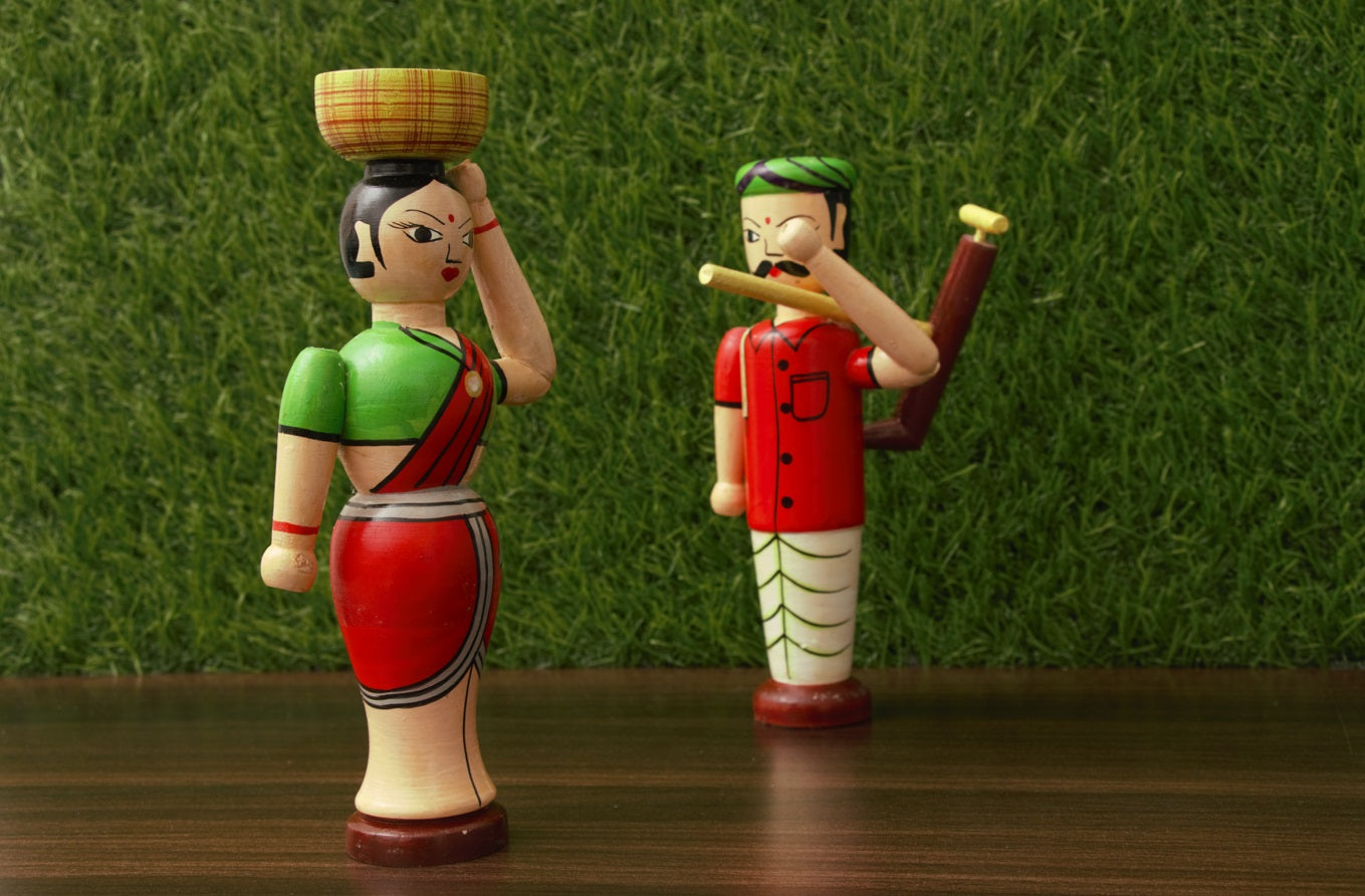 Channapatna wood craft –Locally crafted –Home décor dolls – Farmer Set - Naturally colored - Perfect for Home decor - P000228