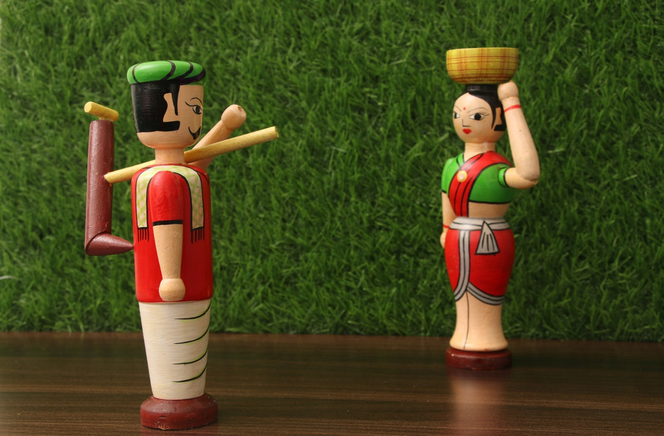 Channapatna wood craft –Locally crafted –Home décor dolls – Farmer Set - Naturally colored - Perfect for Home decor - P000228