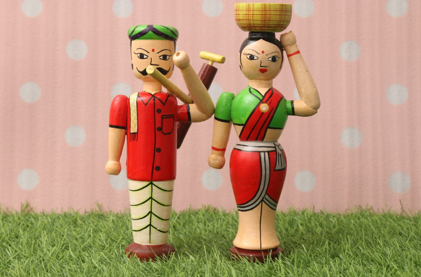 Channapatna wood craft –Locally crafted –Home décor dolls – Farmer Set - Naturally colored - Perfect for Home decor - P000228