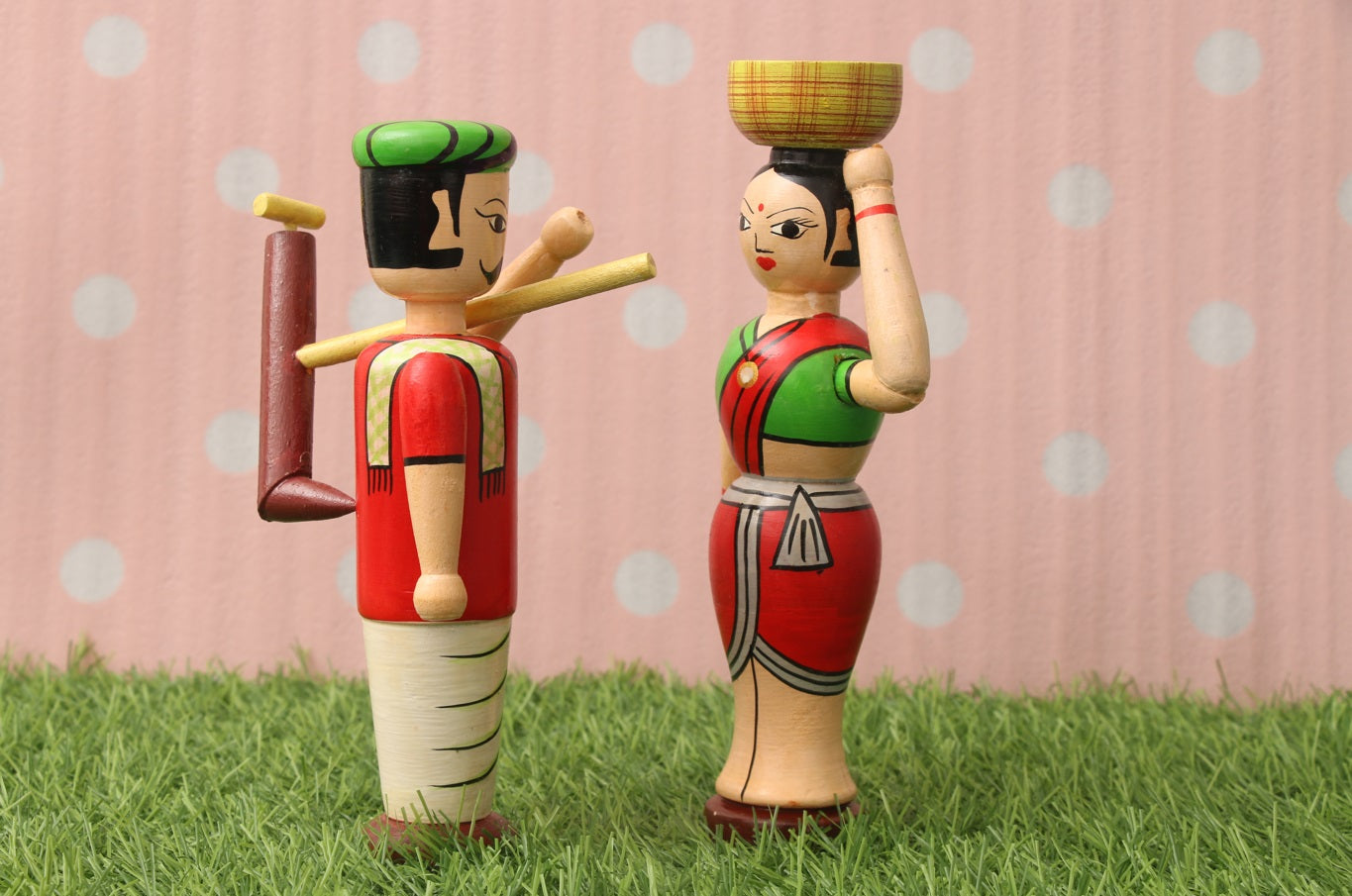 Channapatna wood craft –Locally crafted –Home décor dolls – Farmer Set - Naturally colored - Perfect for Home decor - P000228