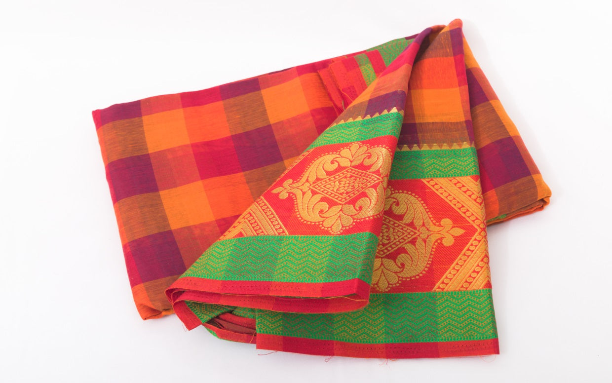 Udupi Cotton Sarees– Velvet Maroon / Bright Maroon and Copper rust Checkered - 100% Cotton Sarees – Perfect for all occasions – P000254