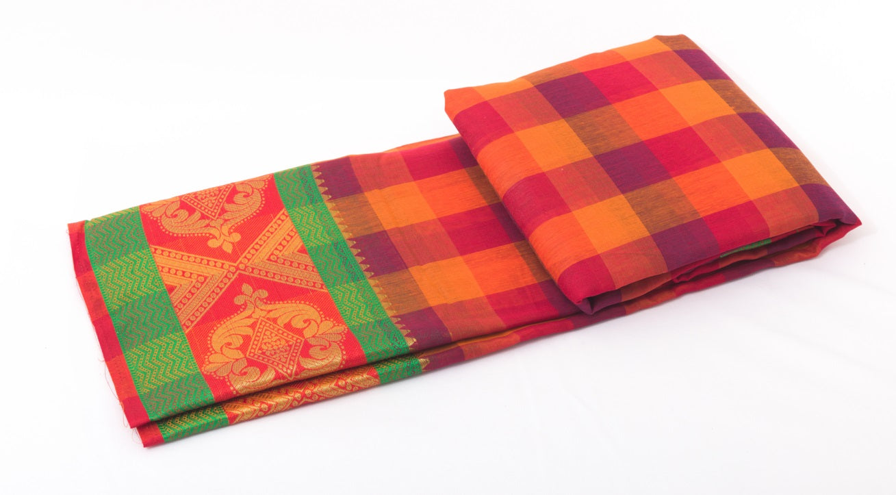 Udupi Cotton Sarees– Velvet Maroon / Bright Maroon and Copper rust Checkered - 100% Cotton Sarees – Perfect for all occasions – P000254