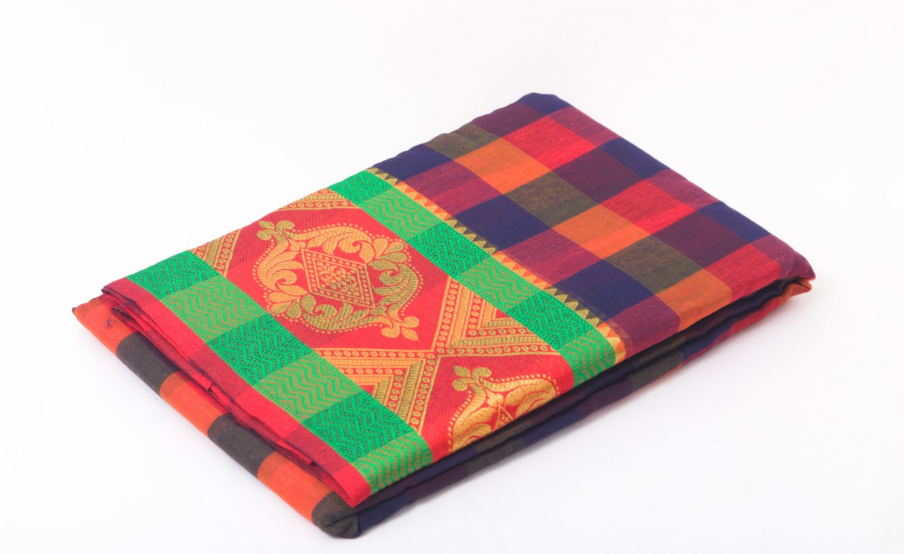 Udupi Cotton Sarees– Amarnath / Grape and Faded red Checkered - 100% Cotton Sarees – Perfect for all occasions – P000255