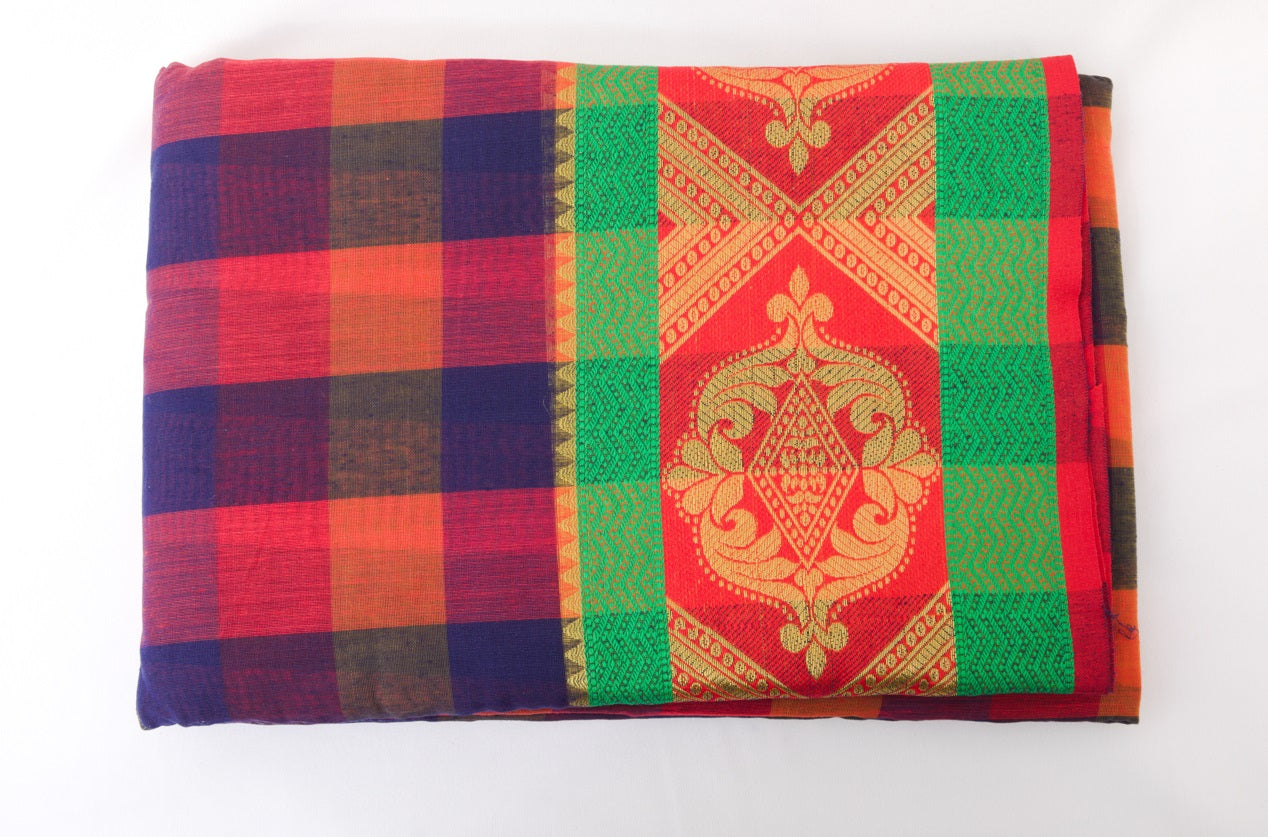 Udupi Cotton Sarees– Amarnath / Grape and Faded red Checkered - 100% Cotton Sarees – Perfect for all occasions – P000255
