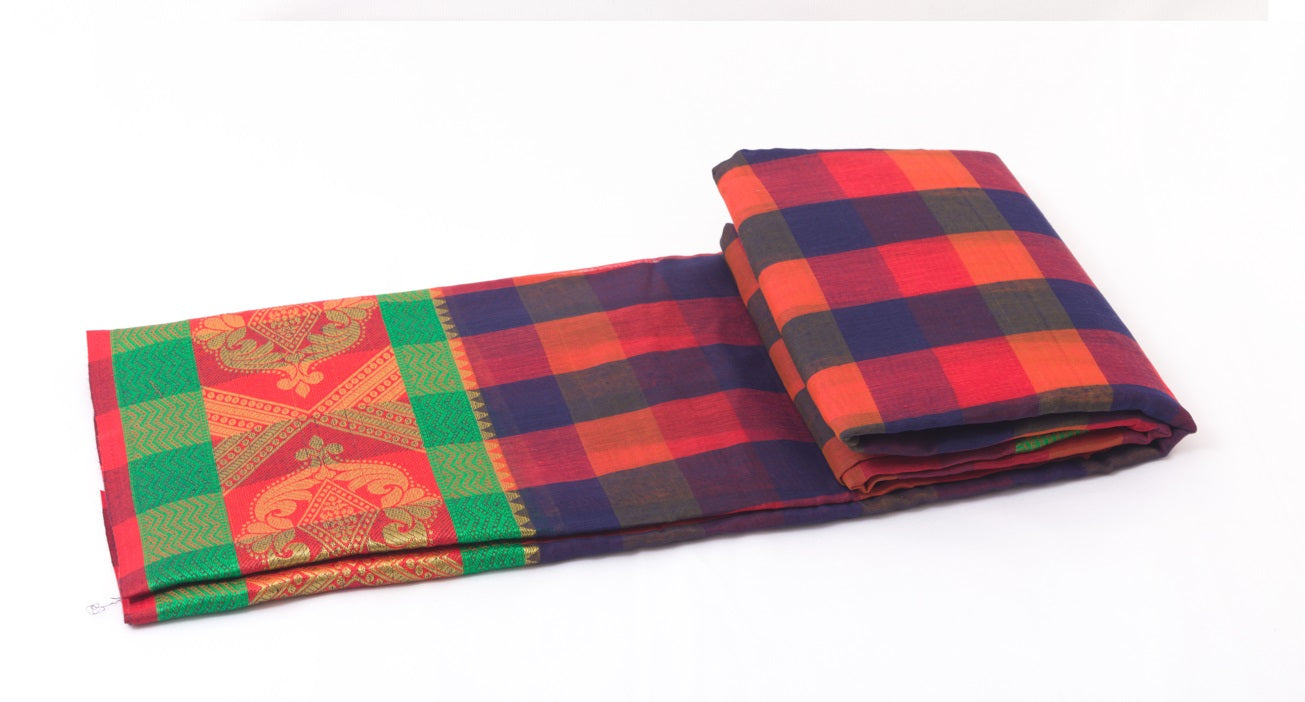 Udupi Cotton Sarees– Amarnath / Grape and Faded red Checkered - 100% Cotton Sarees – Perfect for all occasions – P000255