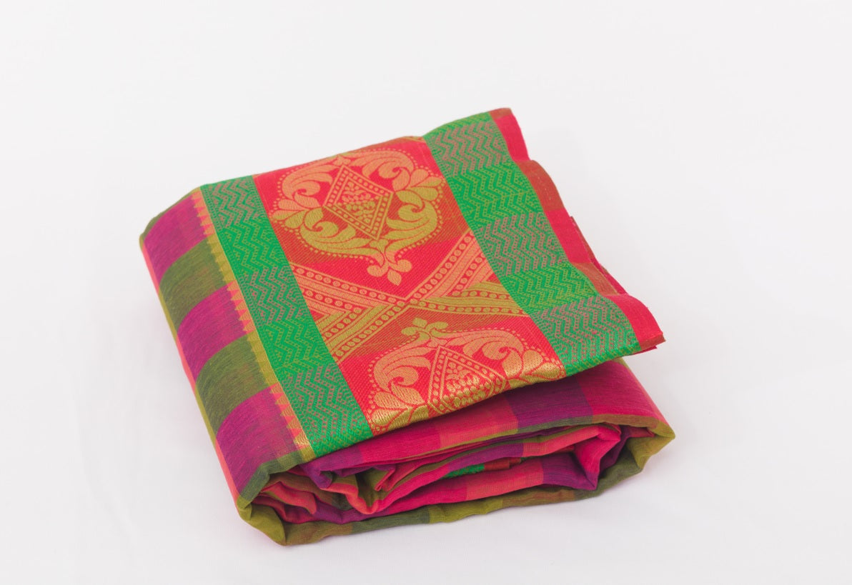Udupi Cotton Sarees– Burnt Pink / Hemlock and Alpine Checkered - 100% Cotton Sarees – Perfect for all occasions – P000256
