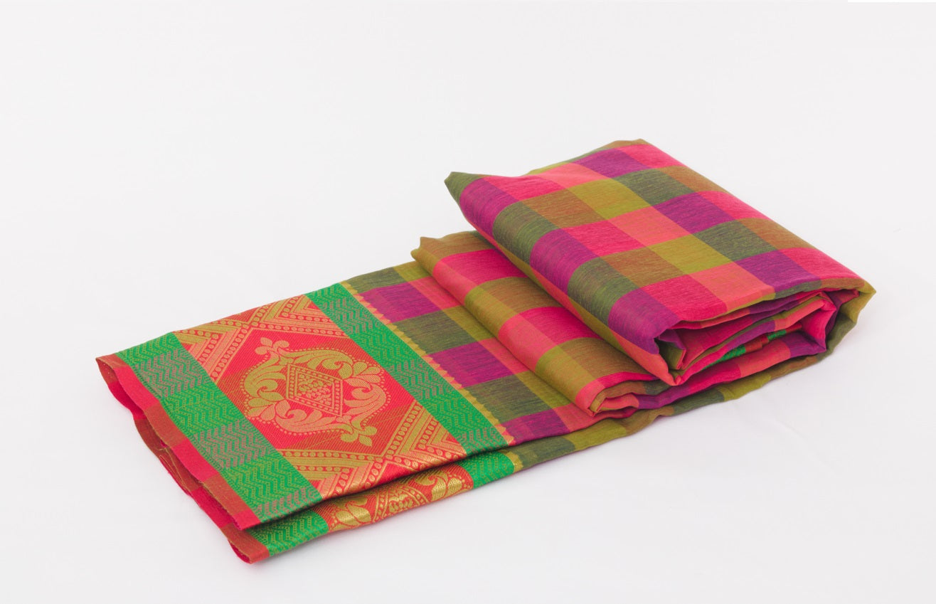 Udupi Cotton Sarees– Burnt Pink / Hemlock and Alpine Checkered - 100% Cotton Sarees – Perfect for all occasions – P000256