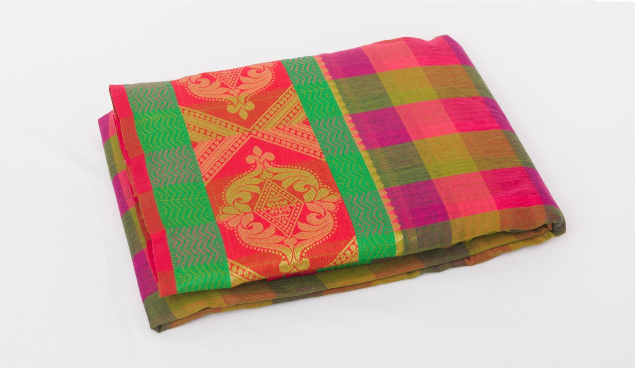 Udupi Cotton Sarees– Burnt Pink / Hemlock and Alpine Checkered - 100% Cotton Sarees – Perfect for all occasions – P000256