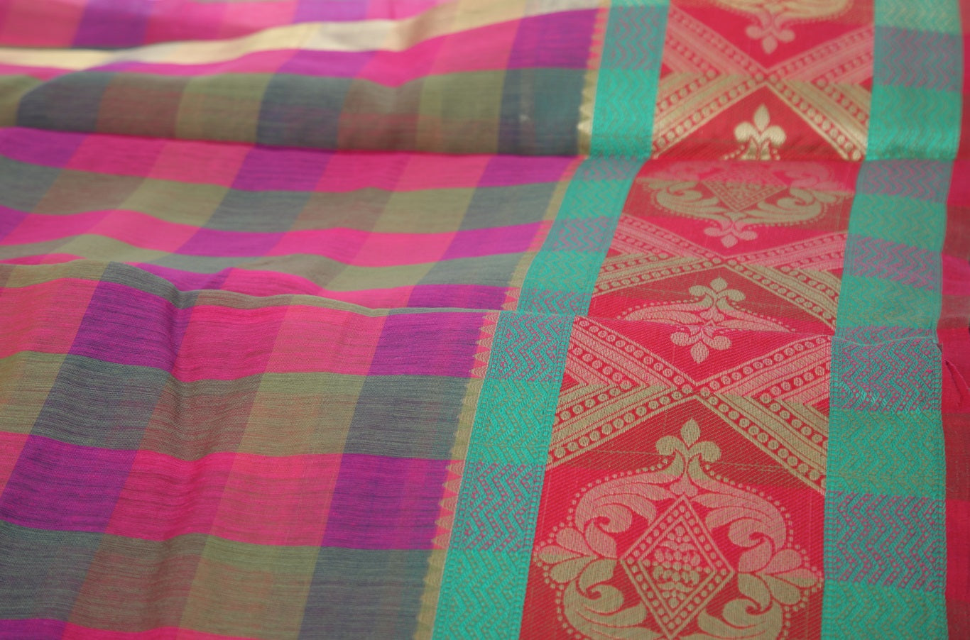 Udupi Cotton Sarees– Burnt Pink / Hemlock and Alpine Checkered - 100% Cotton Sarees – Perfect for all occasions – P000256