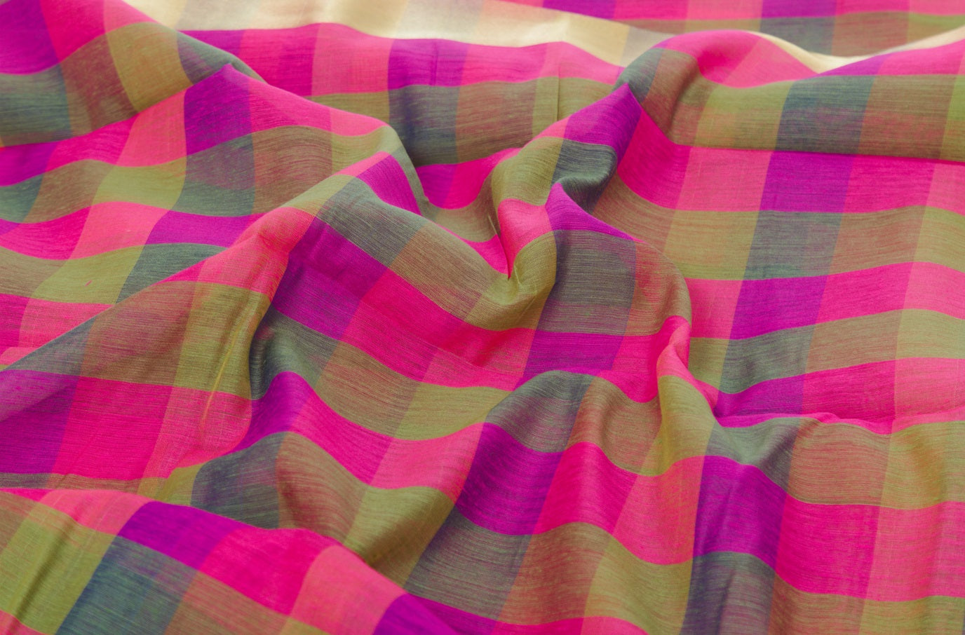 Udupi Cotton Sarees– Burnt Pink / Hemlock and Alpine Checkered - 100% Cotton Sarees – Perfect for all occasions – P000256