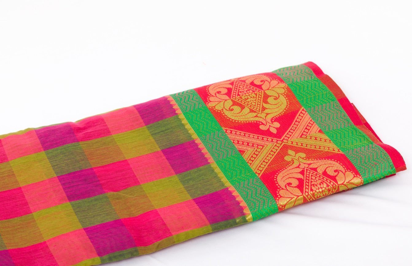 Udupi Cotton Sarees– Burnt Pink / Hemlock and Alpine Checkered - 100% Cotton Sarees – Perfect for all occasions – P000256