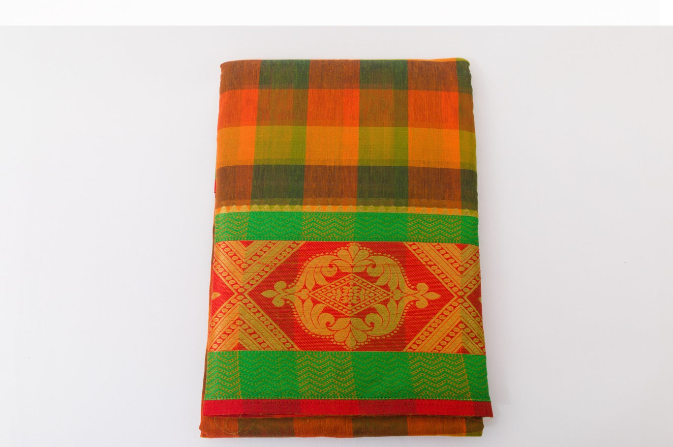 Udupi Cotton Sarees– Halloween Orange / Tiger Orange and Earth Checkered - 100% Cotton Sarees – Perfect for all occasions – P000257