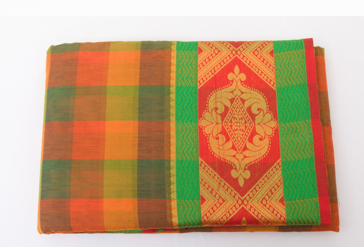 Udupi Cotton Sarees– Halloween Orange / Tiger Orange and Earth Checkered - 100% Cotton Sarees – Perfect for all occasions – P000257