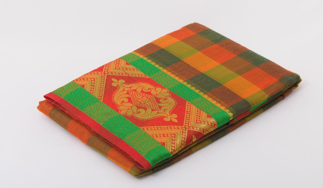Udupi Cotton Sarees– Halloween Orange / Tiger Orange and Earth Checkered - 100% Cotton Sarees – Perfect for all occasions – P000257