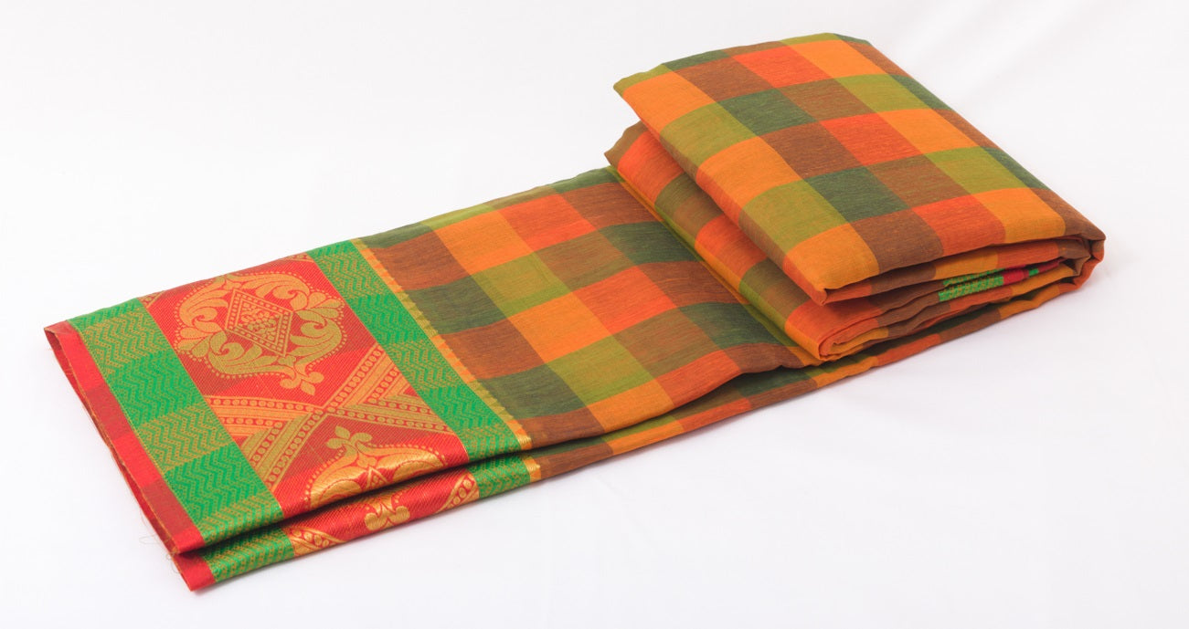 Udupi Cotton Sarees– Halloween Orange / Tiger Orange and Earth Checkered - 100% Cotton Sarees – Perfect for all occasions – P000257