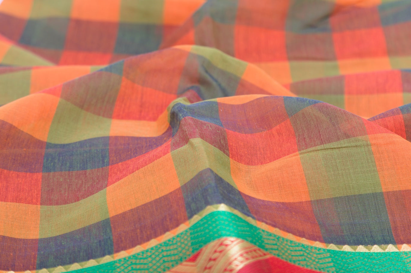 Udupi Cotton Sarees– Halloween Orange / Tiger Orange and Earth Checkered - 100% Cotton Sarees – Perfect for all occasions – P000257