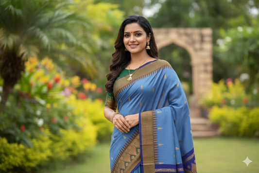 Elampillai Kalyani Cotton Sarees – Glacier body with Cerulean blue border - 100% Cotton Sarees – Perfect for all occasions – P000262