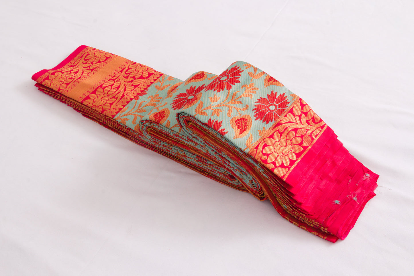 Elampillai Semi-silk sarees – Jacquard Silk – Ultra Soft material – Surf with Coral red floral patterns and red ribbon orange – Tissue silk sarees – Perfect for all occasions – P000267