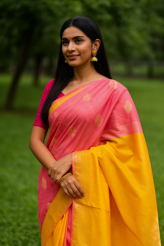 Salem Silk Sarees – Salmon Pink and Golden Yellow –  100% Pure Mulberry Silk –Soft Silk – Meena Bhutta -  P000269