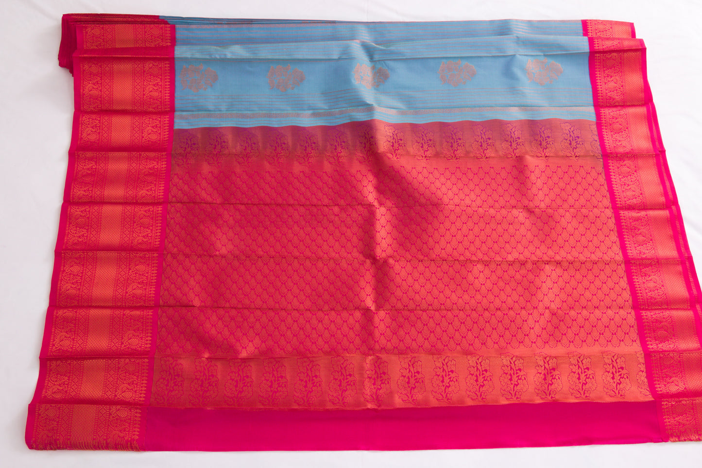Salem Semi Silk Sarees – Jacquard Korvai sarees –Cyan Blue - Soft Silk – P000272