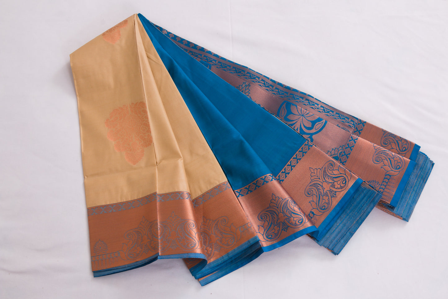 Salem Semi Silk Sarees – Jacquard Korvai sarees –Sand / Venice Blue - Soft Silk – P000274