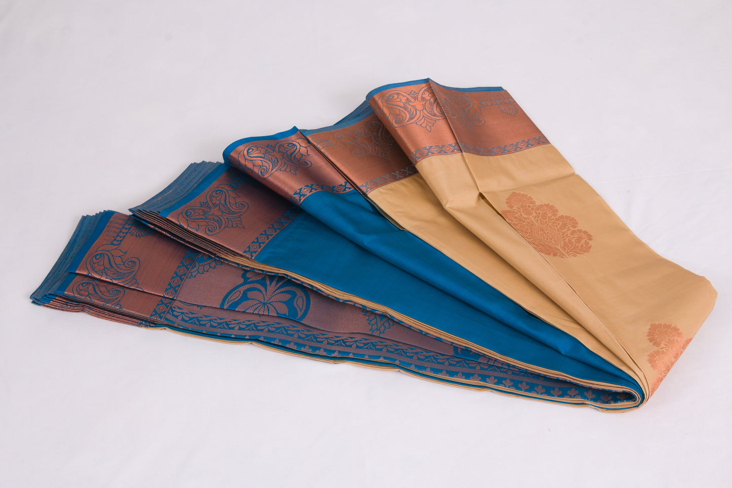 Salem Semi Silk Sarees – Jacquard Korvai sarees –Sand / Venice Blue - Soft Silk – P000274