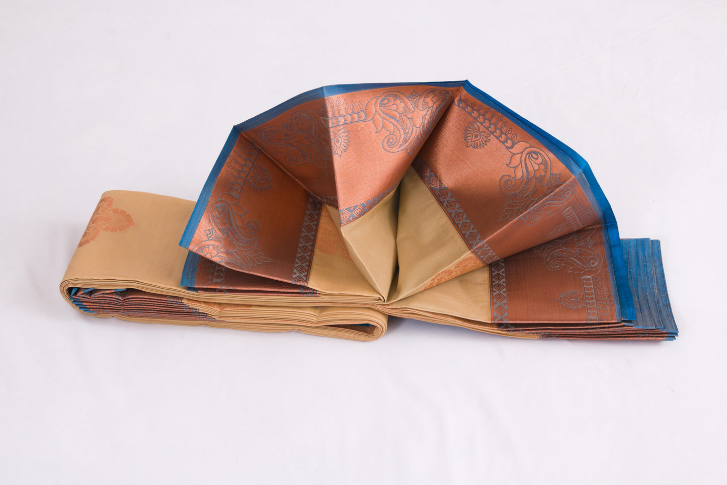Salem Semi Silk Sarees – Jacquard Korvai sarees –Sand / Venice Blue - Soft Silk – P000274