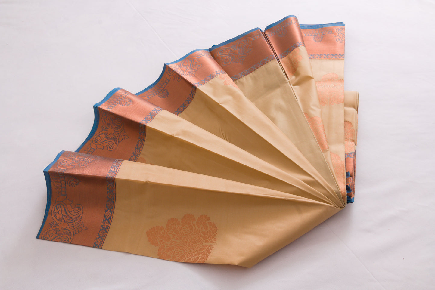 Salem Semi Silk Sarees – Jacquard Korvai sarees –Sand / Venice Blue - Soft Silk – P000274