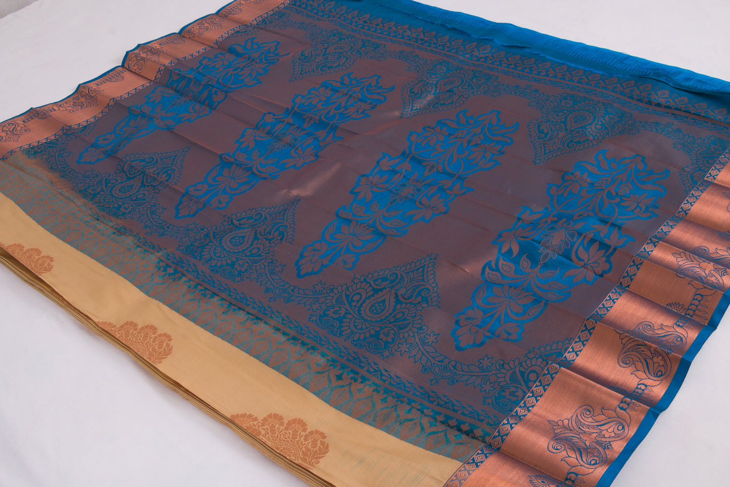 Salem Semi Silk Sarees – Jacquard Korvai sarees –Sand / Venice Blue - Soft Silk – P000274