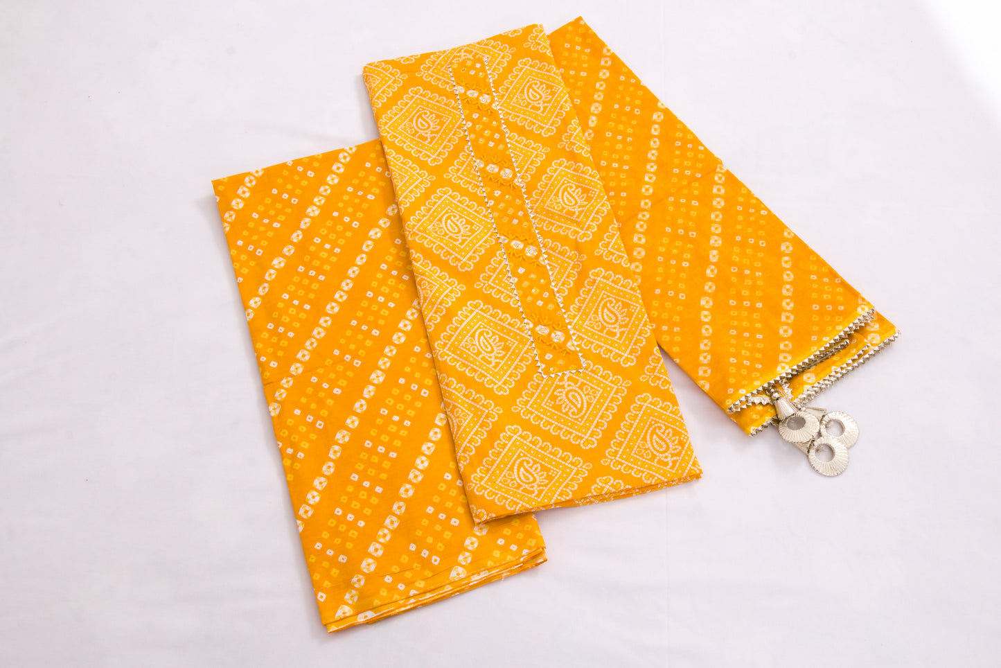Jaipur Block printed Salwar set – 3 piece Gota Work Suit – 100% Cotton– Chrome Yellow and white - Perfect for all occasions – P000284