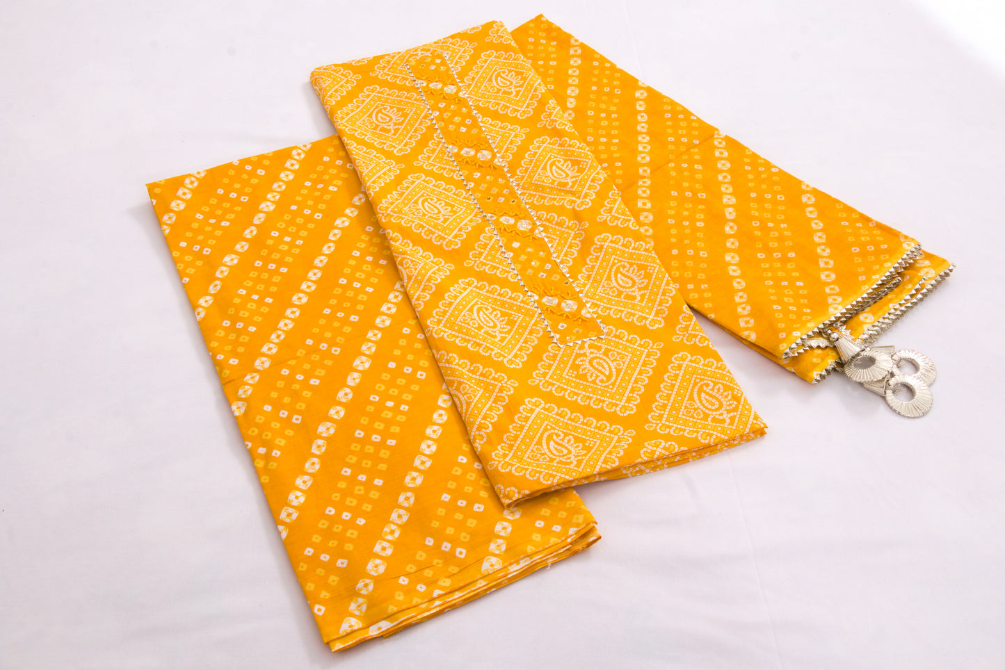 Jaipur Block printed Salwar set – 3 piece Gota Work Suit – 100% Cotton– Chrome Yellow and white - Perfect for all occasions – P000284