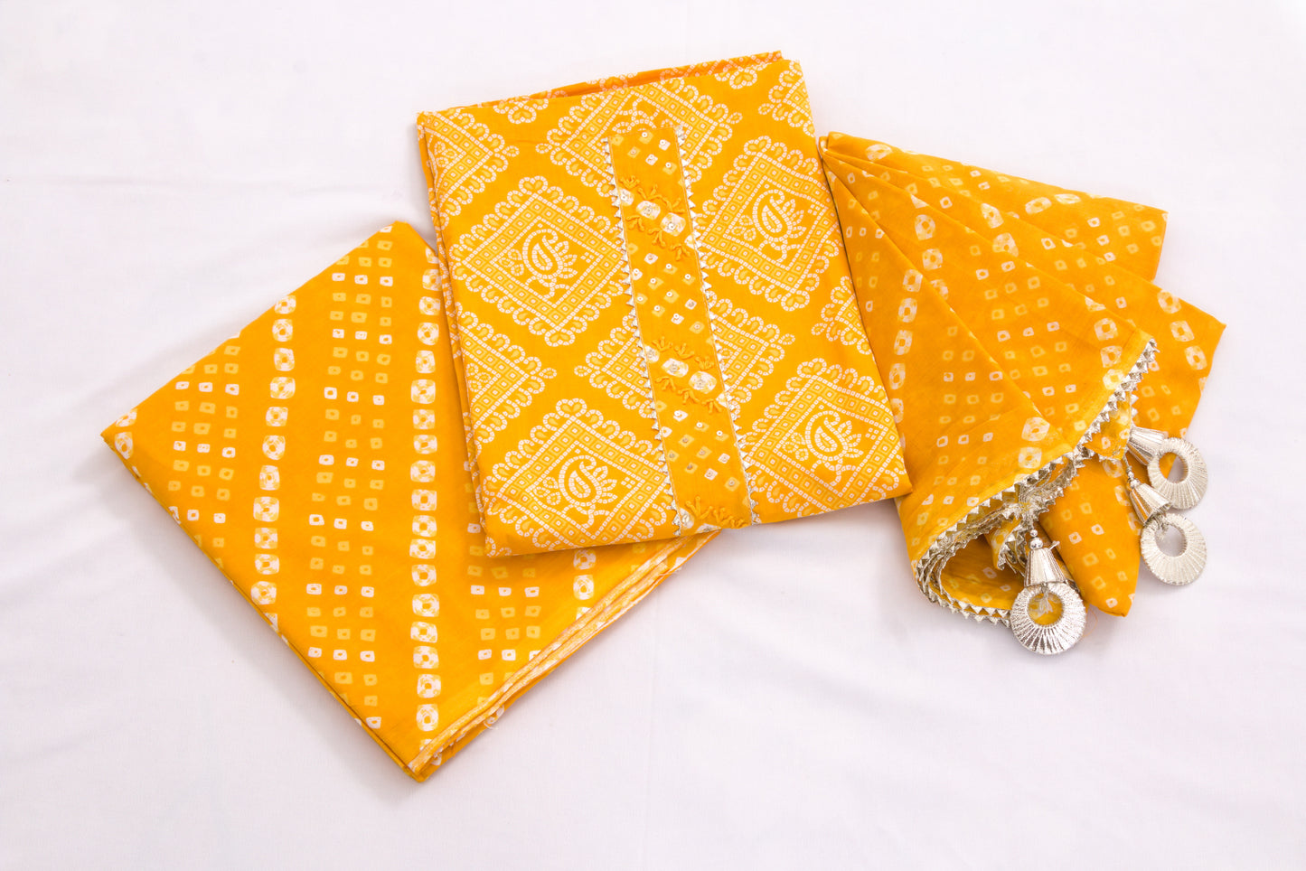Jaipur Block printed Salwar set – 3 piece Gota Work Suit – 100% Cotton– Chrome Yellow and white - Perfect for all occasions – P000284