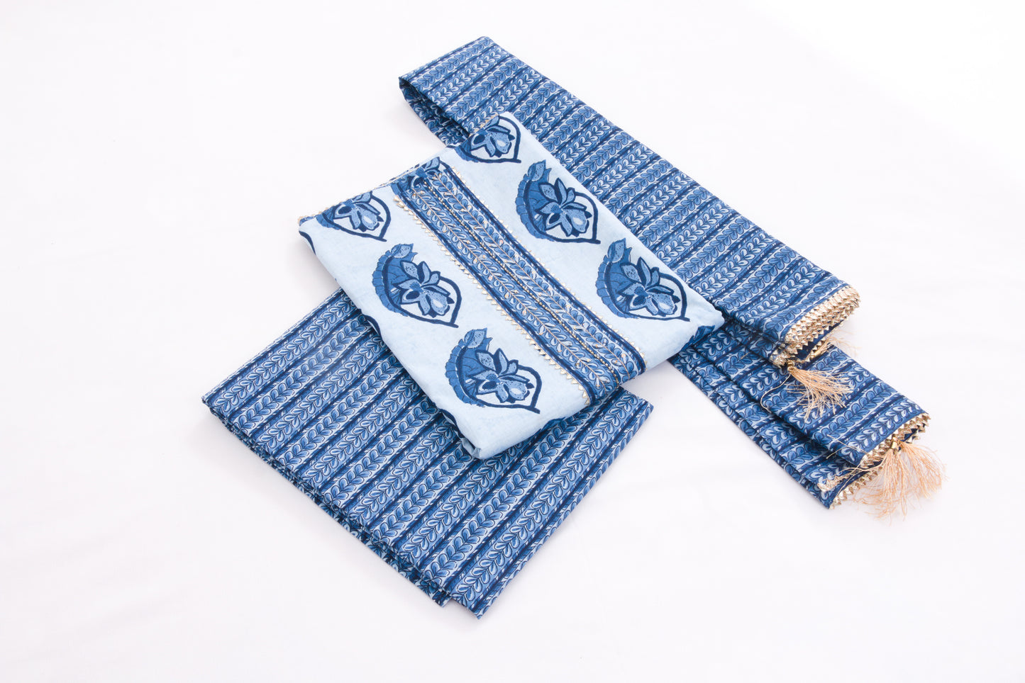 Jaipur Block printed Salwar set – 3 piece Gota Work Suit – 100% Cotton– Link water and dusk blue - Perfect for all occasions – P000286