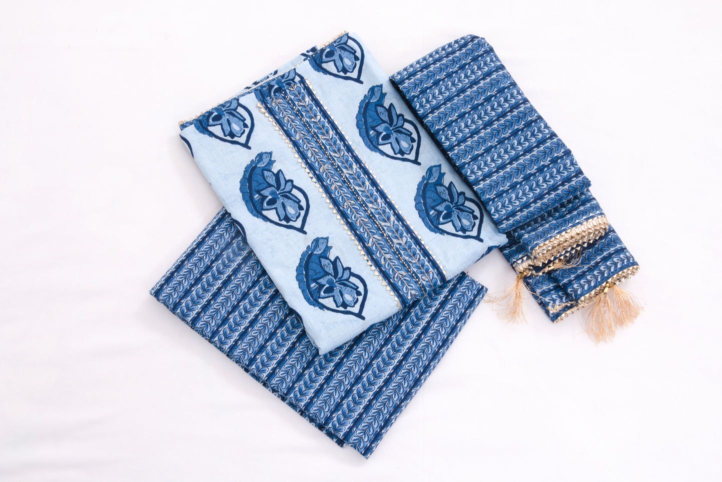 Jaipur Block printed Salwar set – 3 piece Gota Work Suit – 100% Cotton– Link water and dusk blue - Perfect for all occasions – P000286