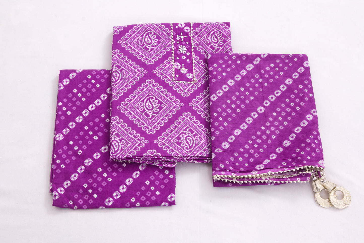 Jaipur Block printed Salwar set – 3 piece Gota Work Suit – 100% Cotton– Warm Purple and white - Perfect for all occasions – P000287