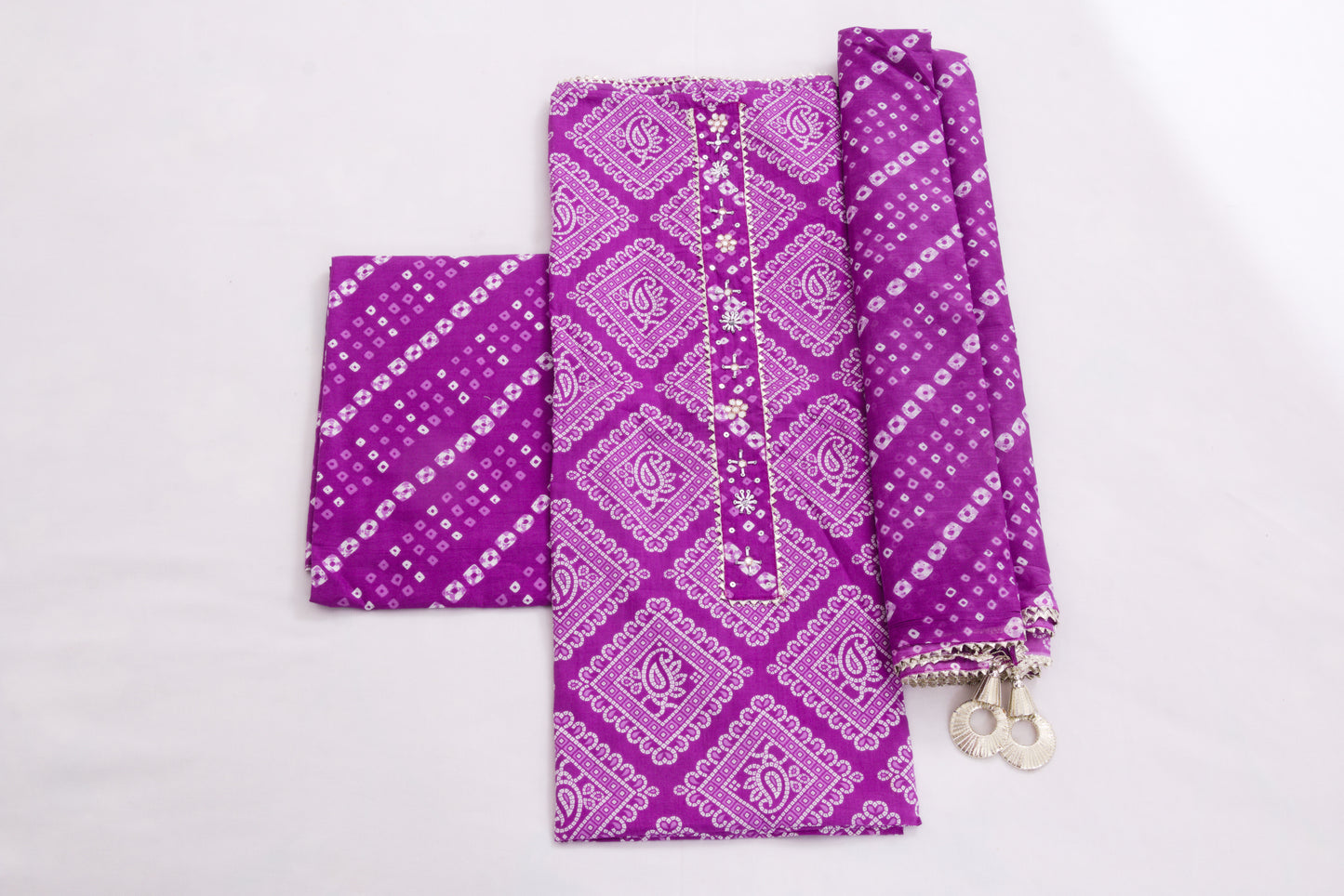 Jaipur Block printed Salwar set – 3 piece Gota Work Suit – 100% Cotton– Warm Purple and white - Perfect for all occasions – P000287
