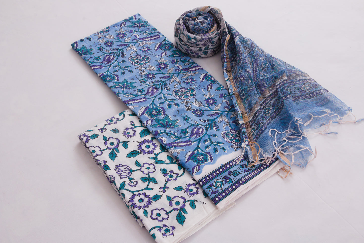 Jaipur Block printed Salwar set – 3 piece Kota Doriya Dupatta suit – 100% Cotton– Dark Pastel Blue - Perfect for all occasions – P000289