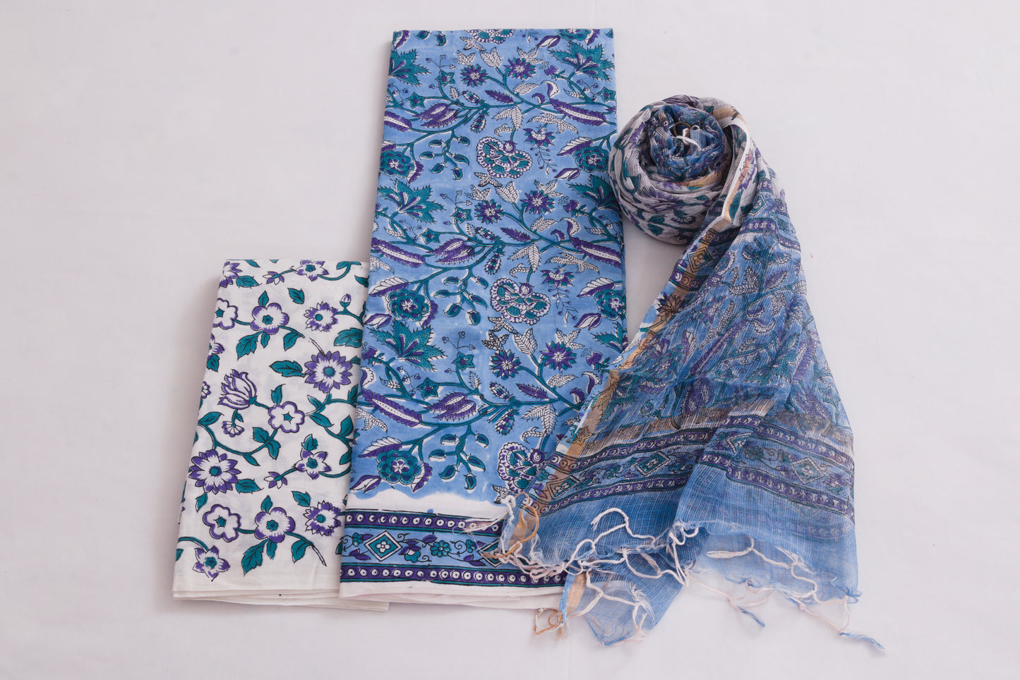 Jaipur Block printed Salwar set – 3 piece Kota Doriya Dupatta suit – 100% Cotton– Dark Pastel Blue - Perfect for all occasions – P000289