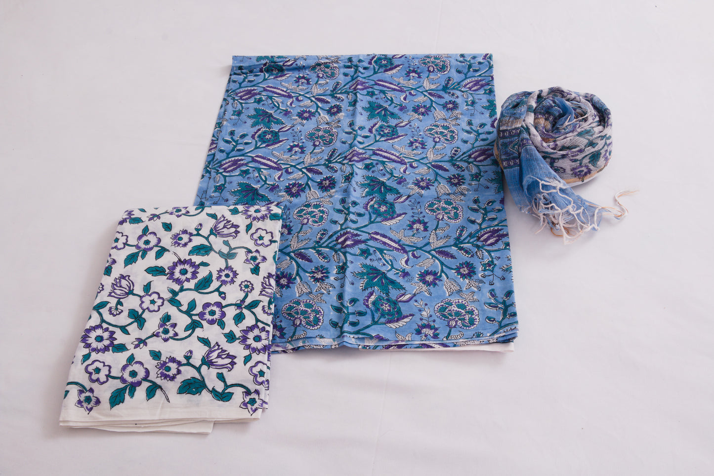 Jaipur Block printed Salwar set – 3 piece Kota Doriya Dupatta suit – 100% Cotton– Dark Pastel Blue - Perfect for all occasions – P000289