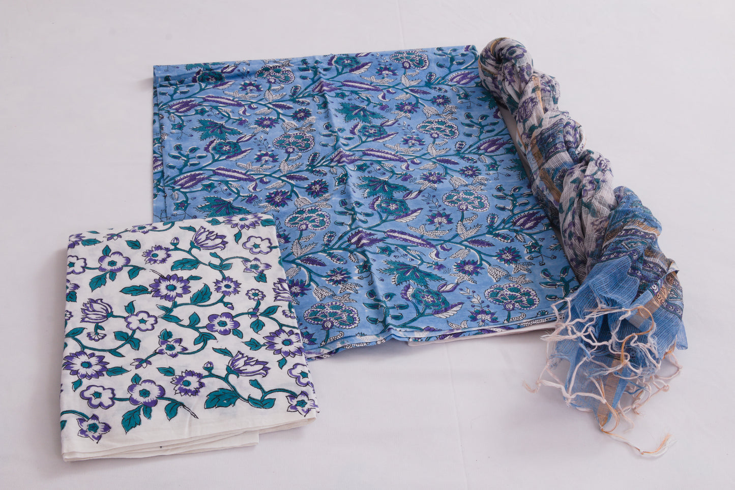 Jaipur Block printed Salwar set – 3 piece Kota Doriya Dupatta suit – 100% Cotton– Dark Pastel Blue - Perfect for all occasions – P000289