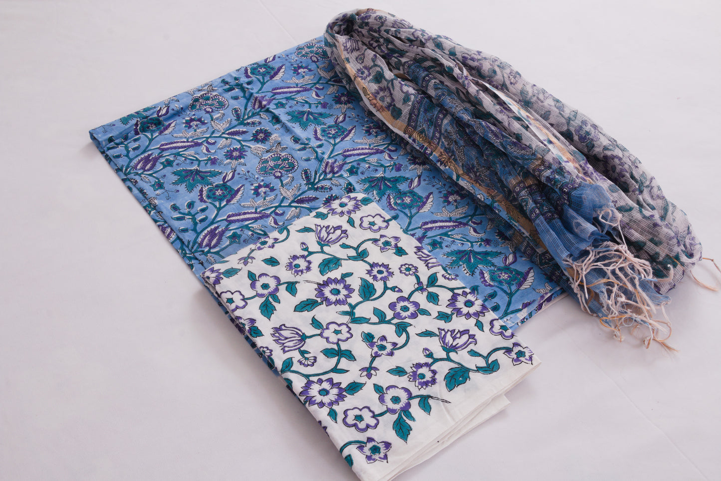 Jaipur Block printed Salwar set – 3 piece Kota Doriya Dupatta suit – 100% Cotton– Dark Pastel Blue - Perfect for all occasions – P000289