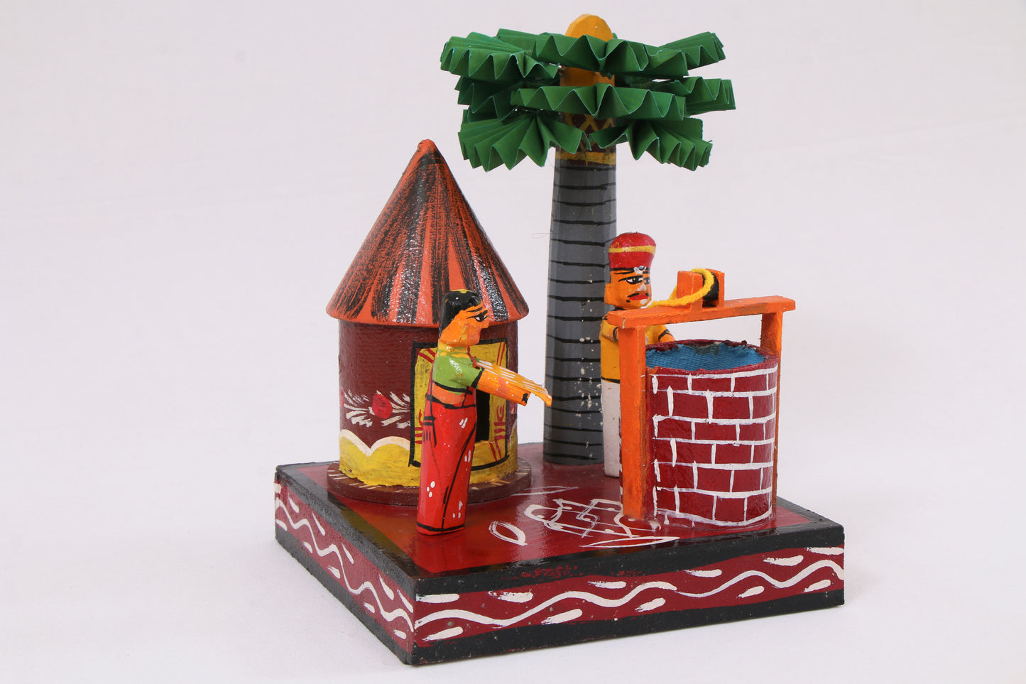 Kondapalli Wooden Craft –Locally crafted –Home décor/ Gifts– Village Well Scene - Hand Crafted -  Naturally colored – P000323