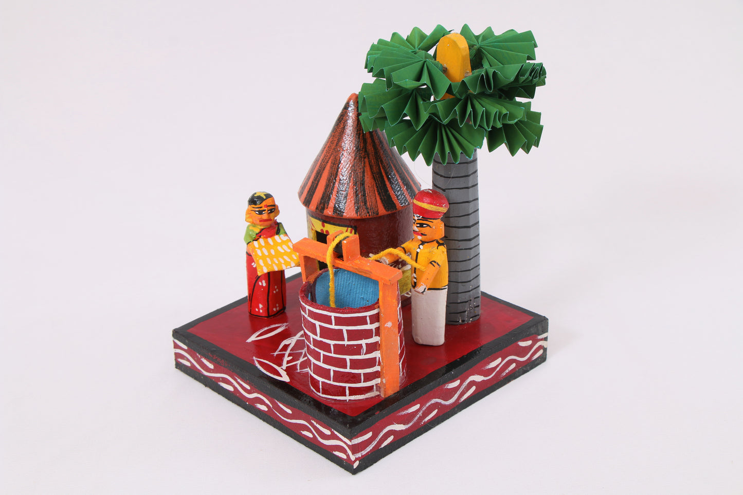 Kondapalli Wooden Craft –Locally crafted –Home décor/ Gifts– Village Well Scene - Hand Crafted -  Naturally colored – P000323