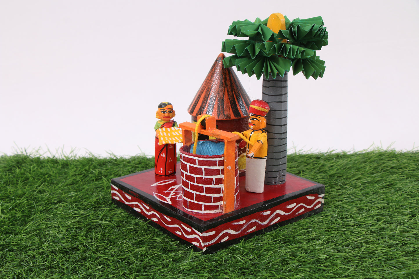 Kondapalli Wooden Craft –Locally crafted –Home décor/ Gifts– Village Well Scene - Hand Crafted -  Naturally colored – P000323