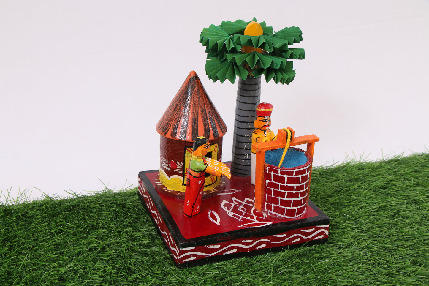 Kondapalli Wooden Craft –Locally crafted –Home décor/ Gifts– Village Well Scene - Hand Crafted -  Naturally colored – P000323