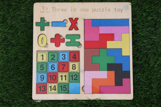 Three-in-One Wooden Puzzle Toy – Alphabets, Heart & Circle Shape Puzzles- Kondapalli Wooden Craft –Locally crafted