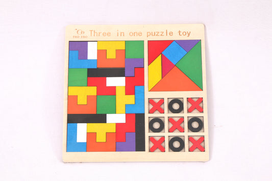 Three-in-One Wooden Puzzle Toy – Tetris Block, Tangram Puzzle Tic-Tac-Toe- Kondapalli Wooden Craft –Locally crafted
