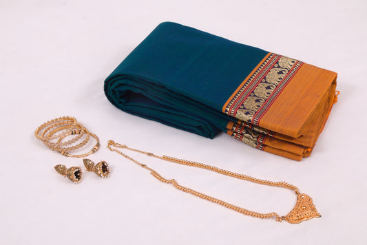 Narayanpet Cotton sarees – Prussian Blue with Elephant border- 100% Cotton Sarees – Perfect for all occasions – P000350