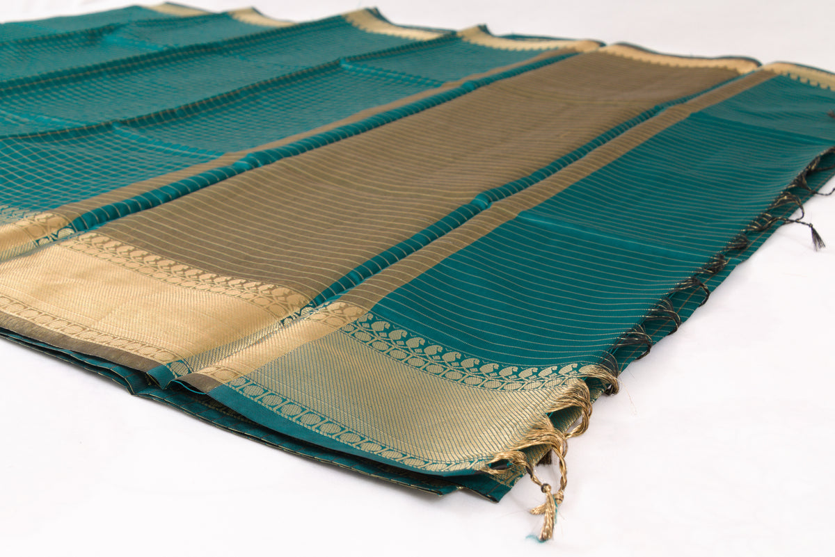 Banarasi Semi Katan Soft Sarees – Dark Aqua – Katan Silk Sarees – Gold zari weaving all over New Check pettern designs - P000411